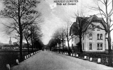 Alte Postkartenansicht: Alleestraße im Ortsteil Hervest mit Blick auf die Kirche, um 1920?