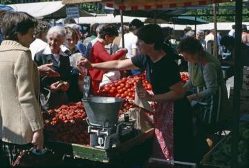 Wochenmarkt auf dem Domplatz: Kundinnen am Gemüsestand