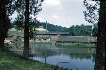 Stahlwerke Plate in Brüninghausen: Blick über die aufgestaute Verse auf die Gebäuderückfront