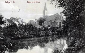 Telgte um 1908: Altstadt mit Ems und St. Clemens-Kirche [Postkarte aus dem Verlag F. Bisping, Telgte]