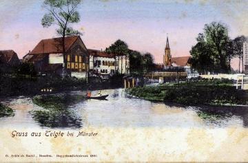 Telgte um 1906: Altstadt mit Emsbogen und St. Clemens-Kirche [Postkarte in Doppeltonlichtdruck aus dem Verlag O. Schleich Nachf., Dresden]