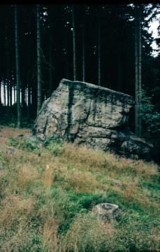 Der "faule Jäger": Sandsteinblock (6 m hoch, 24 m Umfang) am Klippenweg zur Karlsschanze im Eggegebirge - der Sage nach ein Altar und Opferstein der Sachsengottheit Wodan