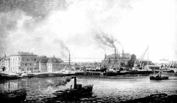 Abbildung der Hafenanlagen mit Blick zu den Werftanlagen der Reederei Norddeutscher Lloyd