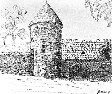 Haus Hove, Wengern, Zeichnung: Wachturm des 1871 abgebrannten Herrenhauses