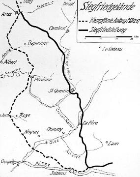 Kriegsschauplatz Frankreich 1917: Kartendarstellung des Frontverlaufes an der Siegfriedstellung im März 1917