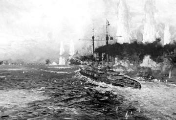 Kriegsschauplatz Skagerrak 1916 (Gemälde?): Englischer Schlachtkreuzer im Gefecht
