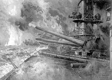 Kriegsschauplatz Skagerrak 1916 (Gemälde): Großkampfschiff mit Artilleriegeschützen im Gefecht