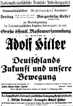 Adolf Hitlers Aufruf zur Neugründung der Nationalsozialistische Deutsche Arbeiterpartei (NSDAP) im "Völkischen Beobachter", dem Presseorgan der NSDAP, am 26.2.1925