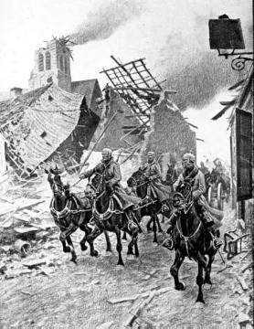 Gemälde - Kriegsschauplatz Westflandern 1914-1918, "Ypernschlacht": Deutsche Artillerie durchquert das zerschossene Passendale (auch Passchendaele, heute Ortsteil von Zonnebeke)