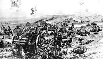 Gemälde - Kriegsschauplatz Westflandern 1914-1918, "Ypernschlacht": Zerstörte englische Geschützbatterie