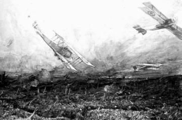 Gemälde - Kriegsschauplatz Somme (Frankreich) 1916: Luftangriff der französischen Armee