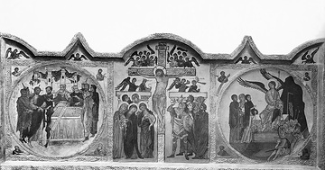 Mittelalterlicher Tafelmalerei: Retabel mit dreiteiligem Tafelgemälde (um 1220), einer der ältesten Altaraufsätze Deutschlands, Aufnahmedatum der Fotografie ca. 1913.
