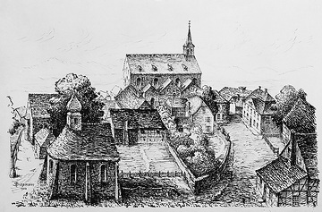 Zeichnung: Ehem. freiweltliches Damenstift Herdecke (819 - 1811) mit heute noch erhaltener St. Marien-Kirche