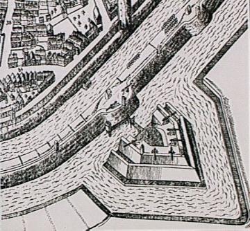 Stadtansicht, Münster 1636: Befestigung an der Engelschanze; Stich von E. Alverding (Ausschnitt)