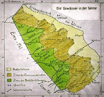 Kartendarstellung der Senne: Wasserscheide und Flussverläufe zwischen Ems und Weser