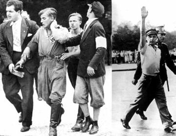 Nationalsozialismus: Verhaftungen von SA-Mitgliedern, ca. 1930; Montage zwei verschiedener Fotos, links im Hintergrund eine Polizeiuniform.