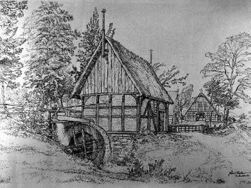 Fachwerk des Mindener Landes (Zeichnung): Kollmeier-Lohof in Oberlübbe (Wiehengebirge) mit Schrotmühle von 1725, Zeichner: Helmut Richter