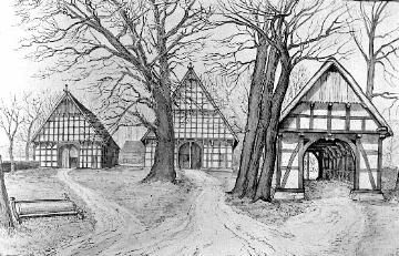 Fachwerk des Mindener Landes (Zeichnung): Gehöft - vermutlich Einzelhof "von Aschen" (Hüsemeier-Böker) in Hüllhorst, Haupthaus von 1739, Zeichner: Helmut Richter