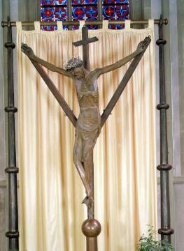 Kath. Pfarrkirche St. Lamberti: Gabelkruzifix mit gemartertem Leichnam Christi, Gotik, 1. H. 14. Jahrhundert - ältestes Gabelkreuz Westfalens