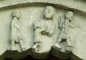Lippstädter Marienkirche, Westportal, Detail: Tympanonrelief  "Pilgerfahrt zum Hl. Jakobus", um 1220
