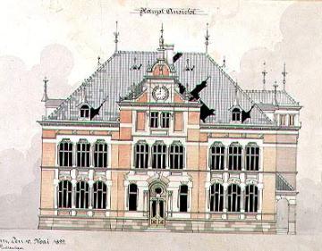 Entwurf zum Neubau einer Rektoratschule für die Stadt Ahlen, Aufrißzeichnung der Hauptseite, 1899