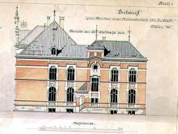 Entwurf zum Neubau einer Rektoratschule für die Stadt Ahlen, Seitenansicht von der Südstr. aus, 1899