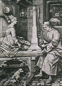 Der Orgelspieler und seine Frau, Kupferstich von Israhel van Meckenem, spätes 15. Jahrhundert