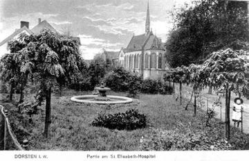 Alte Postkartenansicht: Garten am Westwall mit Blick auf das St. Elisabeth-Hospital