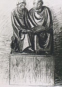 Lesende Mönche III: Zeichnung von Ernst Barlach, Entwurf der Holzskulptur von 1932