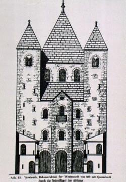 Rekonstruktions-Zeichnung des Westwerkes (885) der Abteikirche des Klosters Corvey, ehemalige Benediktinerabtei