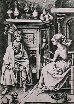 Besuch bei der Spinnerin, Kupferstich von Israhel van Meckenem aus dem späten 15. Jahrhundert