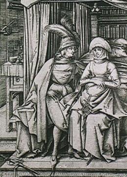 Das auf dem Bett sitzende Paar, Kupferstich von Israhel van Meckenem, spätes 15. Jahrhundert