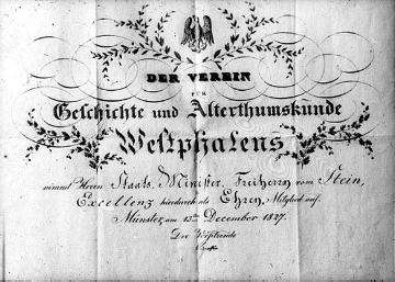 Urkunde der Mitgliedschaft des Heinrich Karl Friedrich Freiherr vom Stein im Verein für  Geschichte und Altertumskunde Westfalens