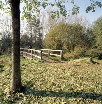 Holzbrücke am Feuchtbiotop Wienburgpark: Ökologisch gestaltetes Naherholungsgebiet, angelegt 1986/87 auf dem ehemaligen Gut Nevinghoff