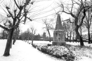 Winterlicher Zumlohplatz (bis 1896 Friedhof): Schmuckplatz mit Platanenallee und Grabdenkmal des Franz-Joseph Zumloh (1764-1854), Stifter des Josef-Hospitals in Warendorf
