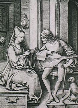 Der Lautenschläger und die Sängerin, Kupferstich von Israhel van Meckenem, spätes 15. Jahrhundert