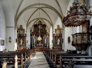 Zwillbrocker Barockkirche (Pfarrkirche St. Franziskus): Kirchenhalle mit Barockkanzel und Hochaltar - Kirche erbaut 1717-1723