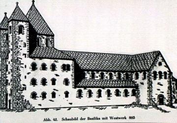 Rekonstruktions-Zeichnung der Abteikirche (885) des Klosters Corvey, ehemalige Benediktinerabtei