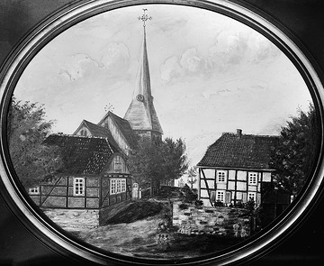 Zeichnung: St. Pantaleon-Kirche, Küsterhaus und Schule in Lohne