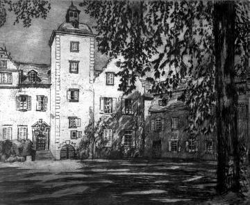 Stein'sches Schloss Naussau in Nassau a.d. Lahn (Graphik), Geburtsort des Karl Reichsfreiherrn vom und zum Stein (geb. 27.10.1757, gest. 29.06.1831 in Selm-Cappenberg, Westfalen)