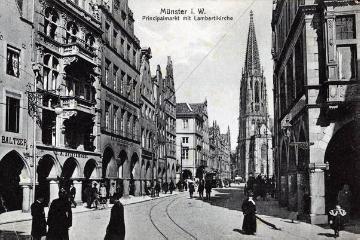 Münster-Altstadt um 1906: Prinzipalmarkt mit Lambertikirche [Postkarte, Verlag Cramers Kunstanstalt, Dortmund]