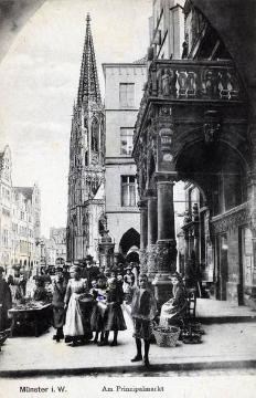 Münster-Altstadt um 1908: Wochenmarkt am Stadtweinhaus, Prinzipalmarkt - Blick zum Lamberti-Kirchturm [Postkarte ohne Verlagsangabe]