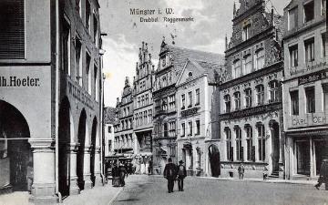 Münster-Altstadt um 1909: Geschäftshäuser am Drubbel und Roggenmarkt [Postkarte, Verlag Cramers Kunstanstalt, Dortmund]