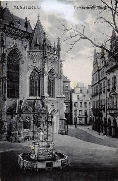 Münster-Altstadt um 1910: Partie der Lambertikirche mit Lambertusbrunnen und Durchblick zum Alten Steinweg [Postkarte, Verlag Cramers Kunstanstalt, Dortmund]
