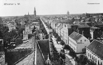 Münster-Geistviertel um 1908: Hammer Straße Richtung Süden, im Hintergrund: Josefskirche und Wasserturm [Postkarte ohne Verlagsangabe]