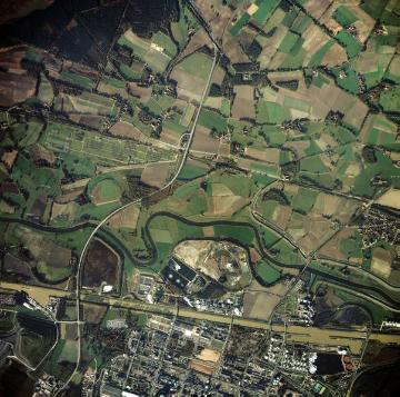 Agrarlandschaft zwischen Dorsten, Haltern und Marl, nördlich der Lippe, südlich davon der Wesel-Datteln-Kanal und der nördliche Bereich der Hüls AG (vormals Chemische Werke Hüls AG)