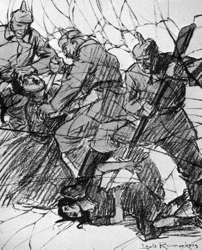 Zeichnung - Propagandabild der Entente: Deutsche Armee im Kampf mit belgischer Zivilbevölkerung 1914