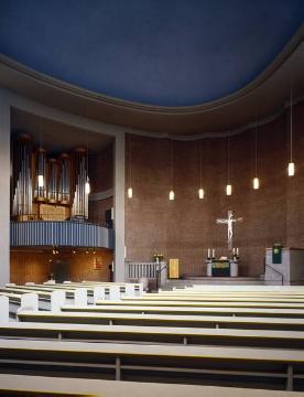 Altarraum in der Ev. Friedenskirche in Gelsenkirchen-Schalke, erbaut 1958, Architekt: Denis Boniver (Königsberger Straße)