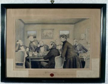 Das Schachspiel - Münsteraner Honoratioren mittels Fotomontage vereinigt zur geselligen Runde, an der Tür: Friedrich Hundt selbst, um 1850 (Papierfotografie)