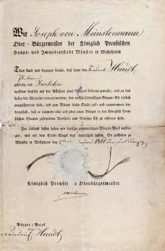 Bürgerbrief der Stadt Münster aus dem Jahre 1833 für den Gürtler Friedrich Hundt, geb. 1807 in Iserlohn, 1840-1885 tätig als Fotograf mit Atelier in Münsters Kreuzviertel, gestorben 1887 ebendort